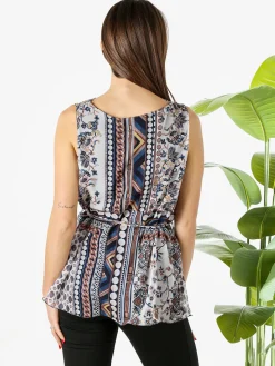 Solada Blusa donna smanicata con scollo a cascata e stampe - blu scuro