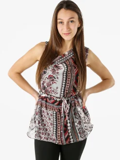 Solada Blusa donna smanicata con scollo a cascata e stampe - nero