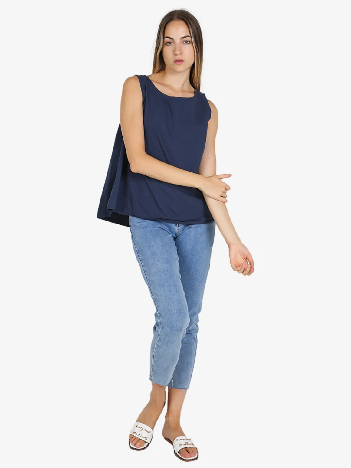 Solada Blusa donna smanicata in cotone con bottoni sulla schiena