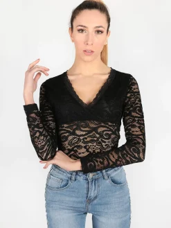 Solada Body nero in pizzo a maniche lunghe