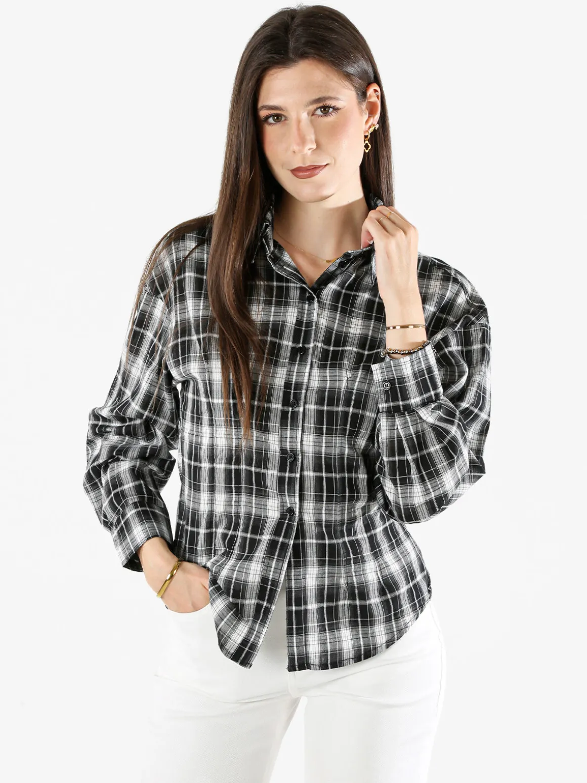 Solada Camicia a quadri da donna a maniche lunghe - nero