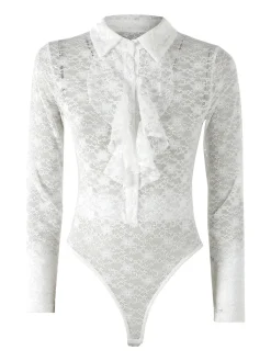 Solada Camicia body da donna in pizzo a maniche lunghe con rouches - bianco