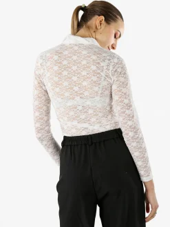 Solada Camicia body da donna in pizzo a maniche lunghe con rouches - bianco