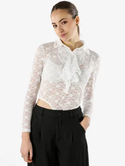 Solada Camicia body da donna in pizzo a maniche lunghe con rouches - bianco