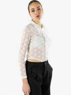 Solada Camicia body da donna in pizzo a maniche lunghe con rouches - bianco