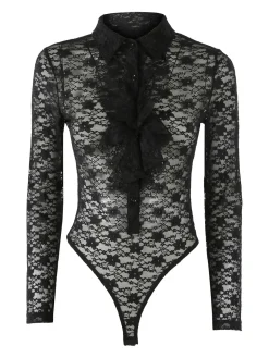 Solada Camicia body da donna in pizzo a maniche lunghe con rouches - nero