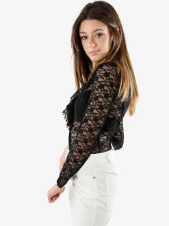 Solada Camicia body da donna in pizzo a maniche lunghe con rouches - nero