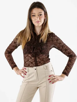 Solada Camicia body da donna in pizzo a maniche lunghe con rouches - moro