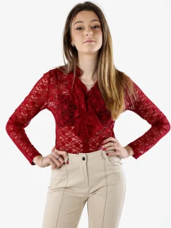 Solada Camicia body da donna in pizzo a maniche lunghe con rouches - bordeaux