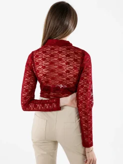 Solada Camicia body da donna in pizzo a maniche lunghe con rouches - bordeaux