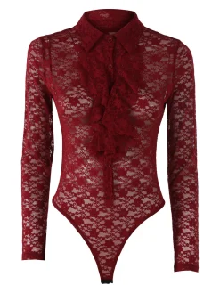 Solada Camicia body da donna in pizzo a maniche lunghe con rouches - bordeaux