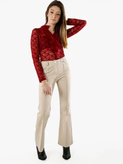 Solada Camicia body da donna in pizzo a maniche lunghe con rouches - bordeaux