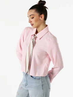 Solada Camicia crop da donna a maniche lunghe con cravattino a foulard - rosa