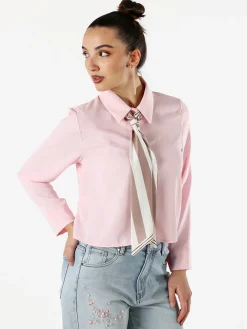 Solada Camicia crop da donna a maniche lunghe con cravattino a foulard - rosa