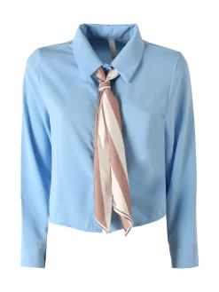 Solada Camicia crop da donna a maniche lunghe con cravattino a foulard - azzurro