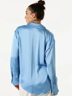 Solada Camicia da donna effetto raso a maniche lunghe - azzurro