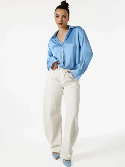 Solada Camicia da donna effetto raso a maniche lunghe - azzurro