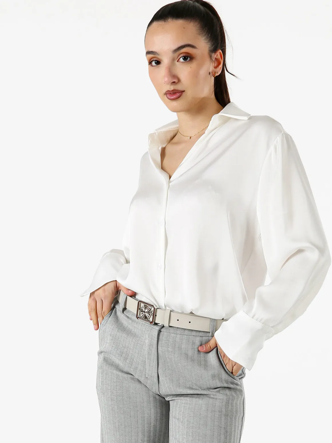 Solada Camicia da donna effetto raso a maniche lunghe - bianco