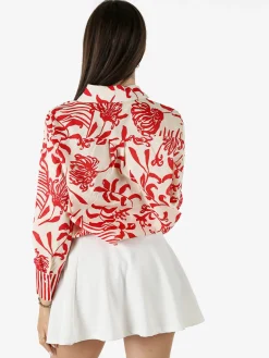 Solada Camicia da donna in cotone a maniche lunghe con stampa floreale - rosso