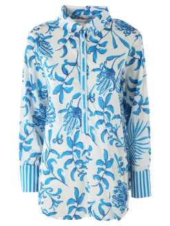 Solada Camicia da donna in cotone a maniche lunghe con stampa floreale - turchese