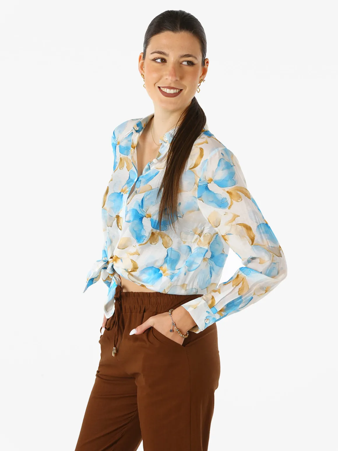 Solada Camicia da donna in misto cotone con stampa floreale a maniche lunghe - azzurro