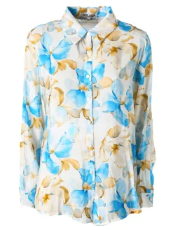 Solada Camicia da donna in misto cotone con stampa floreale a maniche lunghe - azzurro