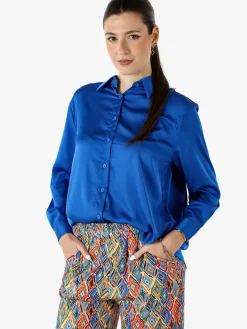 Solada Camicia donna a maniche lunghe in tessuto simil raso - blu