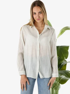 Solada Camicia donna a maniche lunghe con stampa a righe - panna