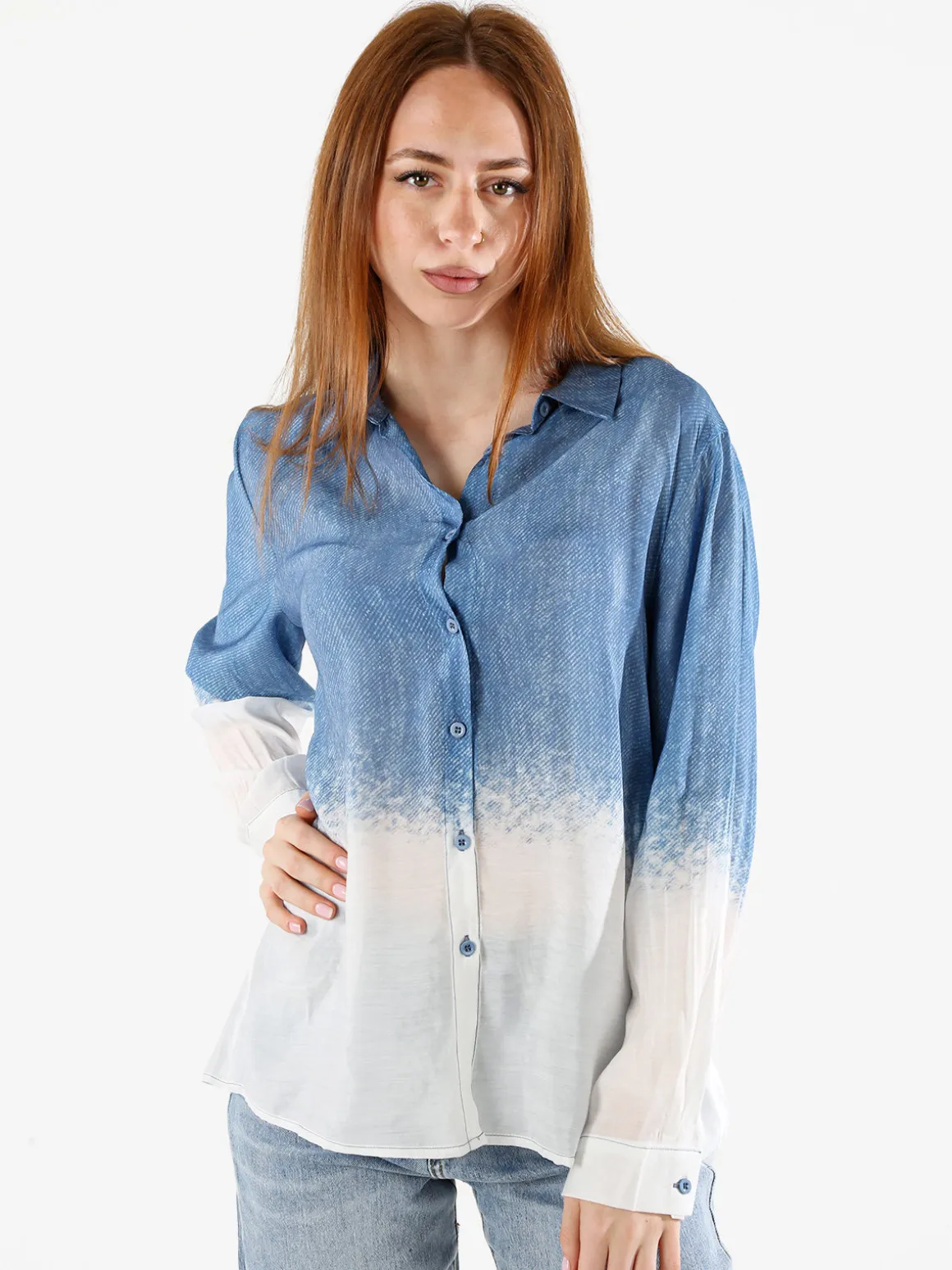 Solada Camicia donna a maniche lunghe con stampa bicolore - blu