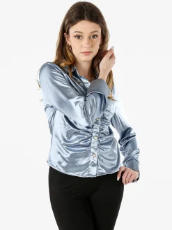 Solada Camicia donna a maniche lunghe effetto raso - azzurro