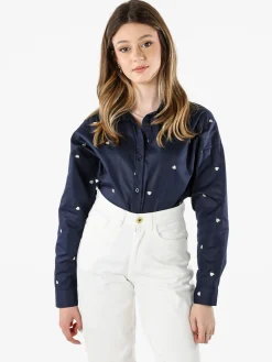 Solada Camicia donna a maniche lunghe in misto cotone con stampa cuori - blu scuro