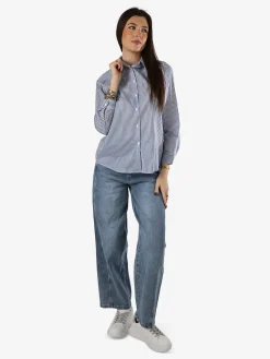 Solada Camicia donna a maniche lunghe in cotone con righe verticali - azzurro
