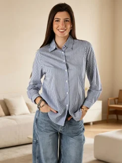 Solada Camicia donna a maniche lunghe in cotone con righe verticali - azzurro