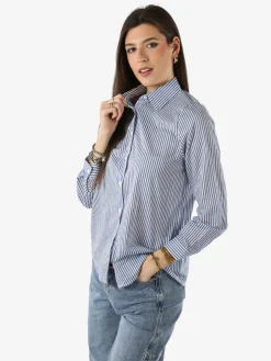 Solada Camicia donna a maniche lunghe in cotone con righe verticali - azzurro