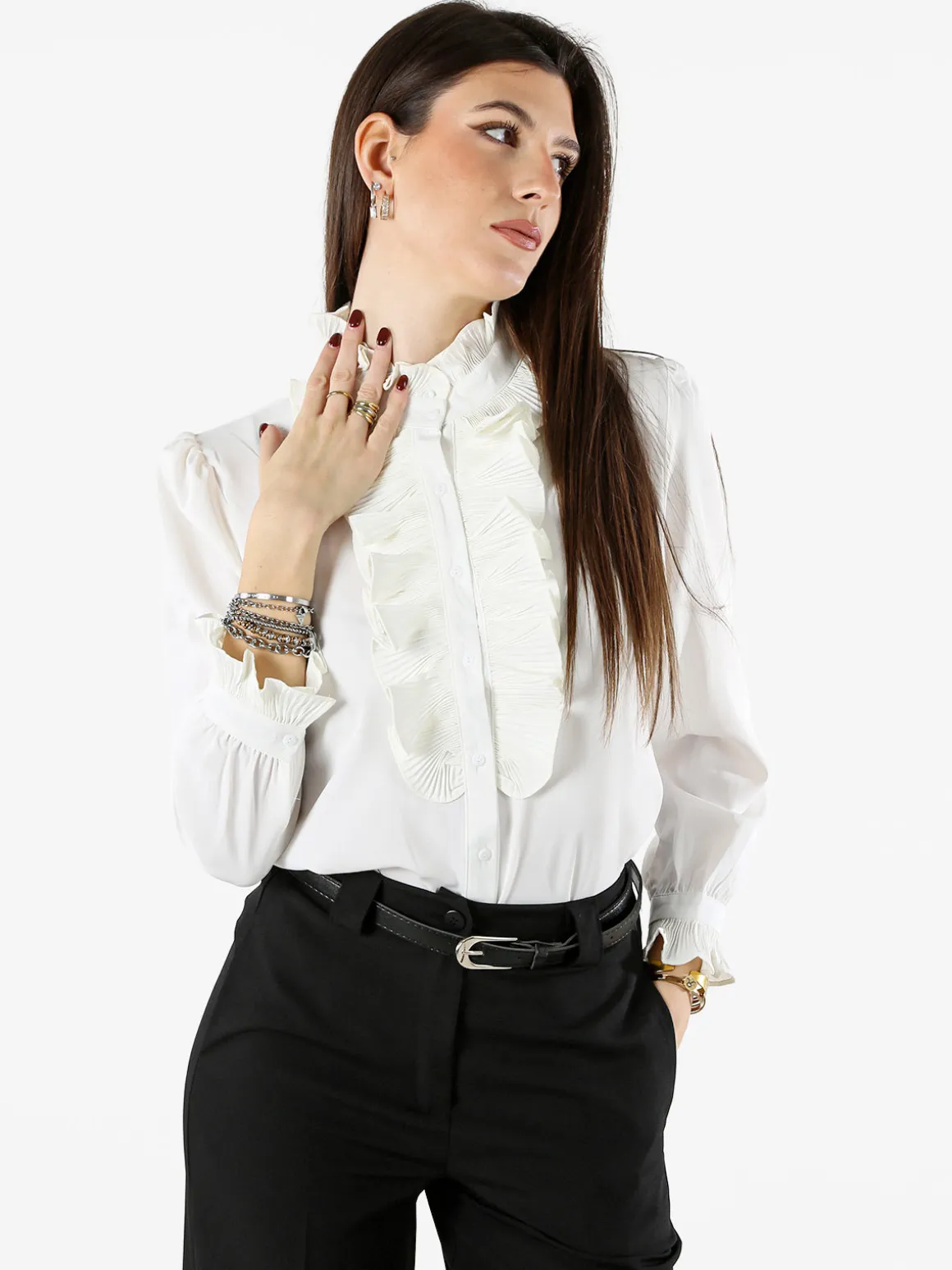 Solada Camicia donna a maniche lunghe con rouches - bianco