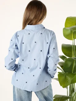 Solada Camicia donna a maniche lunghe in misto cotone con stampa cuori - azzurro