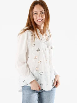 Solada Camicia donna in cotone a maniche lunghe con ricami traforati - bianco