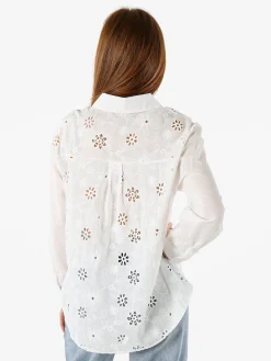 Solada Camicia donna in cotone a maniche lunghe con ricami traforati - bianco