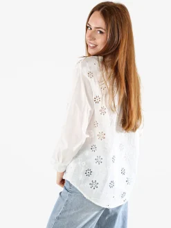 Solada Camicia donna in cotone a maniche lunghe con ricami traforati - bianco