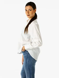 Solada Camicia donna in cotone a maniche lunghe con strass - bianco