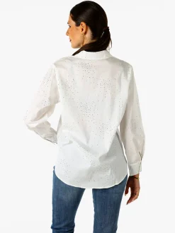 Solada Camicia donna in cotone a maniche lunghe con strass - bianco