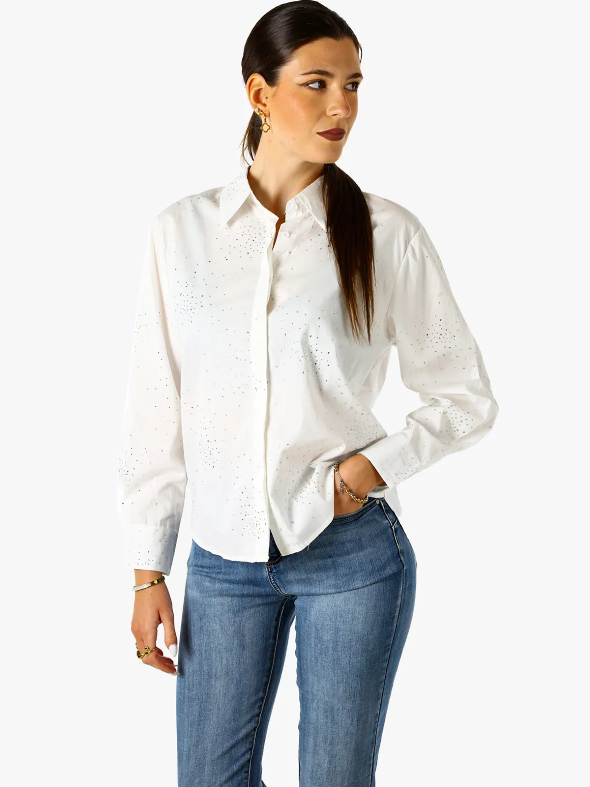 Solada Camicia donna in cotone a maniche lunghe con strass - bianco