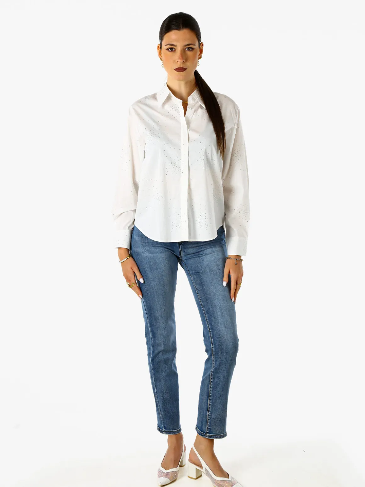 Solada Camicia donna in cotone a maniche lunghe con strass - bianco