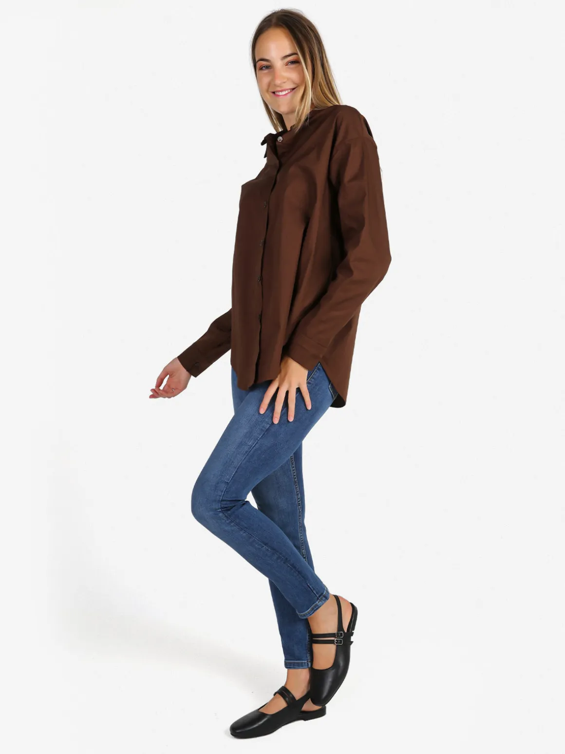 Solada Camicia donna in cotone oversize a maniche lunghe - moro