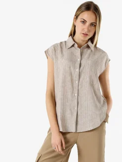 Solada Camicia donna in misto lino e cotone senza maniche a righe verticali - beige