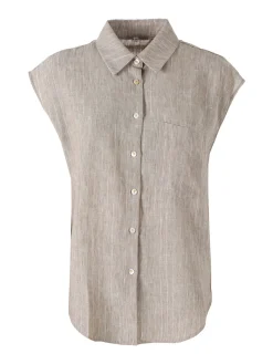 Solada Camicia donna in misto lino e cotone senza maniche a righe verticali - beige