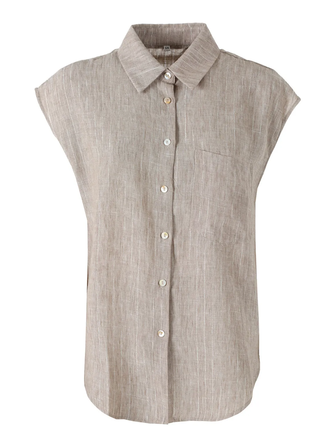 Solada Camicia donna in misto lino e cotone senza maniche a righe verticali - beige