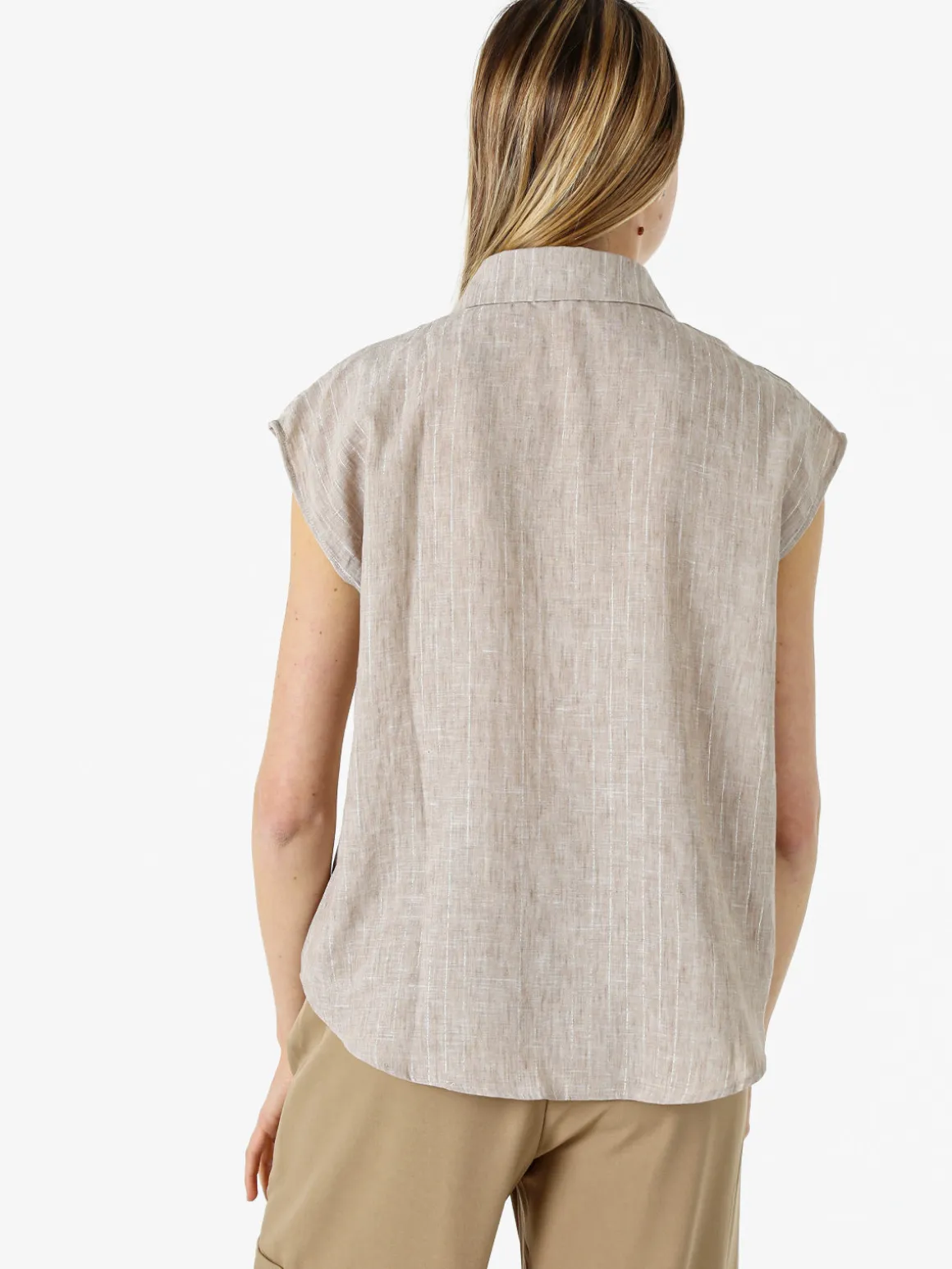 Solada Camicia donna in misto lino e cotone senza maniche a righe verticali - beige