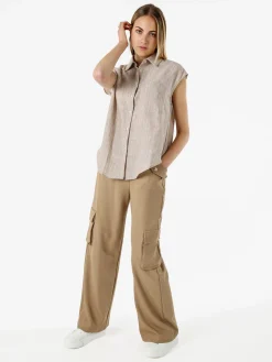 Solada Camicia donna in misto lino e cotone senza maniche a righe verticali - beige