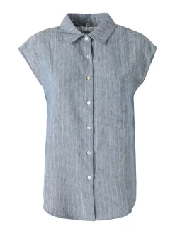 Solada Camicia donna in misto lino e cotone senza maniche a righe verticali - azzurro